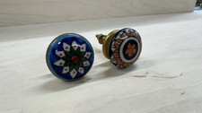 Vintage Ceramic Cabinet Drawer Knobs Hand Painted Brass Hardware Set of 2