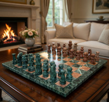 Luxury Marble Chess Set in Green – Handcrafted Board with Fine Carving Details