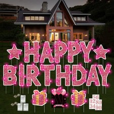 18 Pcs Happy Birthday Yard Sign with Stakes, Pink Happy Birthday Yard Sign wi...