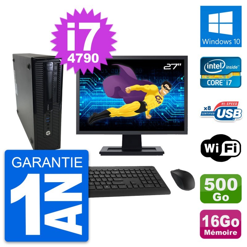 PC HP 400 G1 SFF Ecran 27" Intel i7-4790 RAM 16Go Disque 500Go Windows 10 Wifi