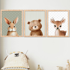 Woodland Nursery Wall Art Decor, Set of 3 Wood Framed Animal Wall Prints Artwork