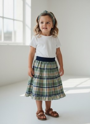 Skirt Girls 3/4 Midi Green Plaid Ruffle Tiered Western Cotton Mom and Pop's Kids
