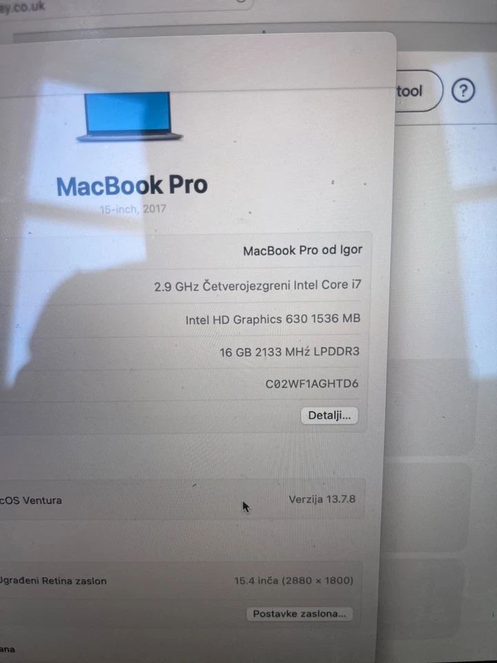 MacBook Pro Touch Bar 15" 512GB 16RAM Intel Core i7 2.9GHz DEAD SCREEN see desc., photo 3 of 5