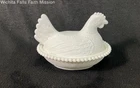 Milk Glass White Hen on Nest Covered Dish Beaded Rim Basket Weave Vintage