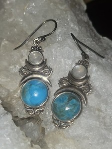 BBJ 925 Sterling Silver Turquoise Moonstone Boho Crescent Moon Drop Earrings Vtg