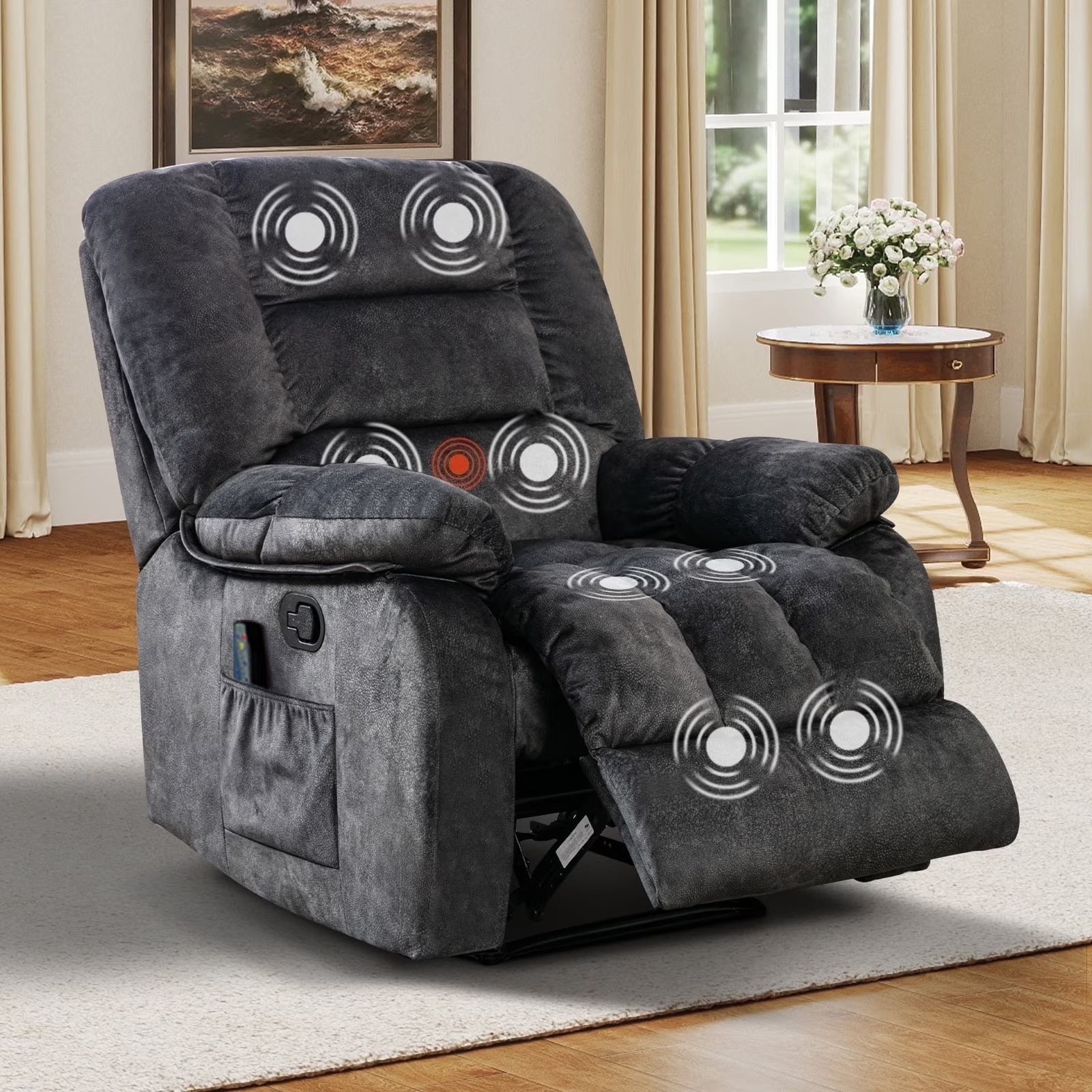 EBELLO Overstuffed Breathable Fabric Manual Recliner Chair with Massage and Heat