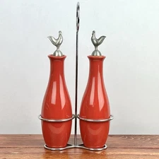 Oil & Vinegar Cruet Set Red Ceramic W/metal Stand & Pewter Rooster Stopper 9”