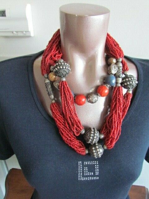 Natural Seed Sponge Coral beads silver tone metal Ethnic Necklace Lot Craft Vint