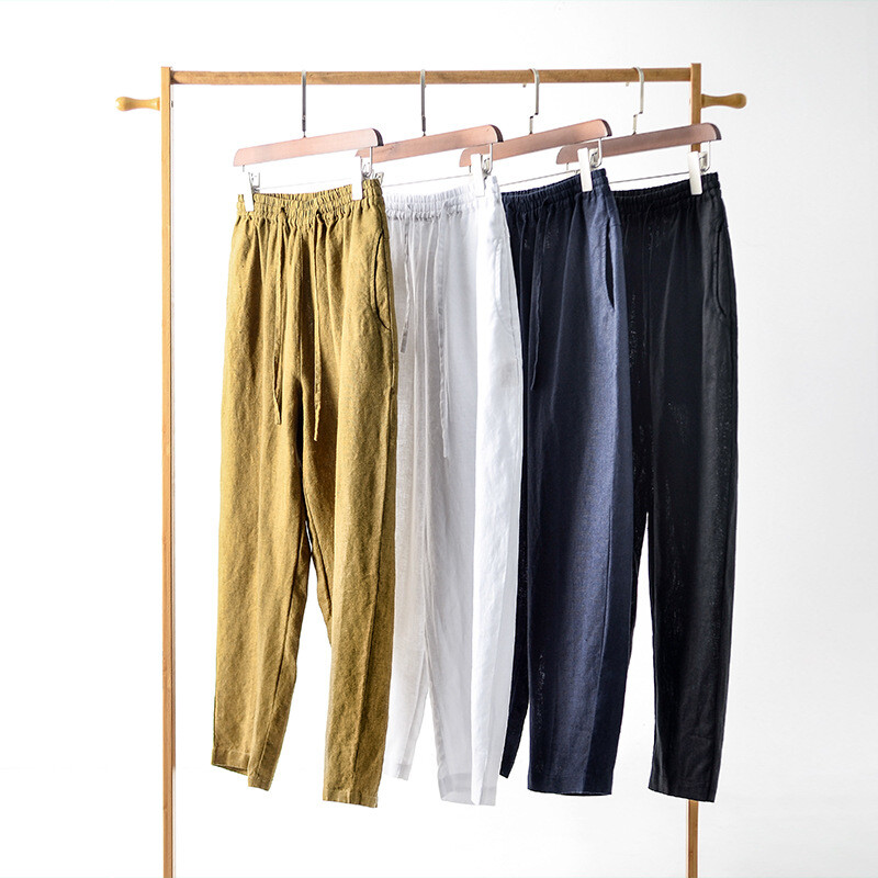 Spring Summer Men's Casual Linen Trousers Casual Breathable 9-point Beach Pants
