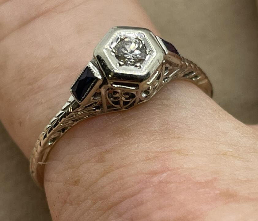 18K White Gold BELAIS Natural Euro Cut Diamond Sapphire Engagement Ring Art  Deco