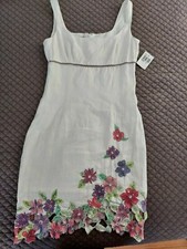 Ivory Linen Dress Sz 4 Multicolor Floral Embroidery & Sequins Trim Knee Length