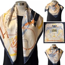 Navy/Cream Equestrian print 100 Silk Twill Scarf 85cm x 85cm Handroll Hems