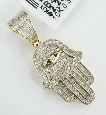 100% Real 10K Yellow Gold Genuine Diamond Hand Hamsa Eye Ra God Charm Pendant 