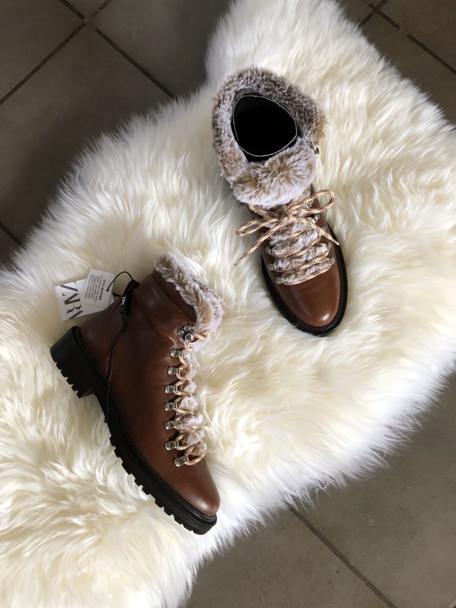 Zara Brown Leather Flat Lace Up Mountain Ankle Boots UK7 EU40 US9 694 - Main Image