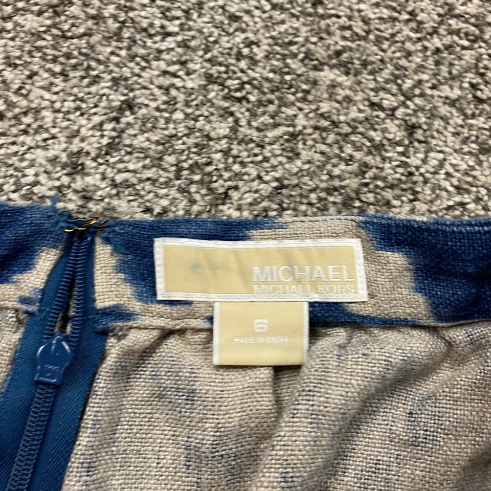 Michael Kors Skirt Women's 6 Blue Ikat Print Linen Lined Pockets Midi - Image 2 of 4