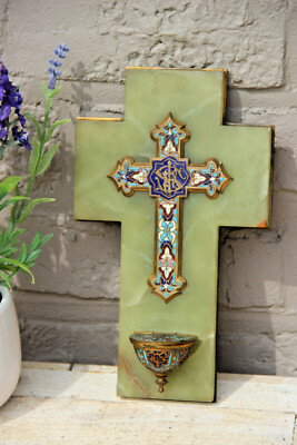 Antique religious Cloisonne enamel onyx marble holy water font crucifix 