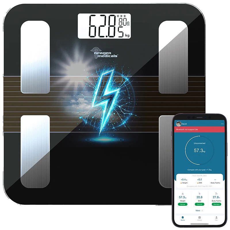 NEWGEN MEDICALS Smarte Solar-Akku-Körperfettwaage aus Glas, mit App, LCD, bis 180 kg