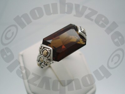 John Hardy Sterling 18K Batu Sari Large Rectangle Cognac Quartz Ring  Sz 8.5
