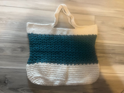 Market Tote Bag Handmade Dark Aqua Ecru Crochet Cotton ReUse Washable New