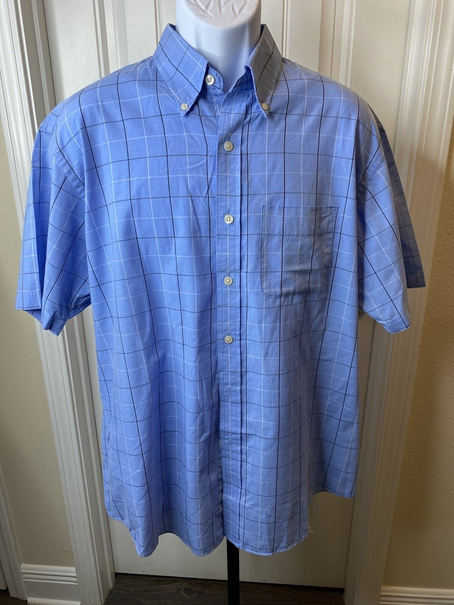Van Heusen Light Blue Plaid Short Sleeve Dress Shirt Neck Men's Size  16-16.5 LRG