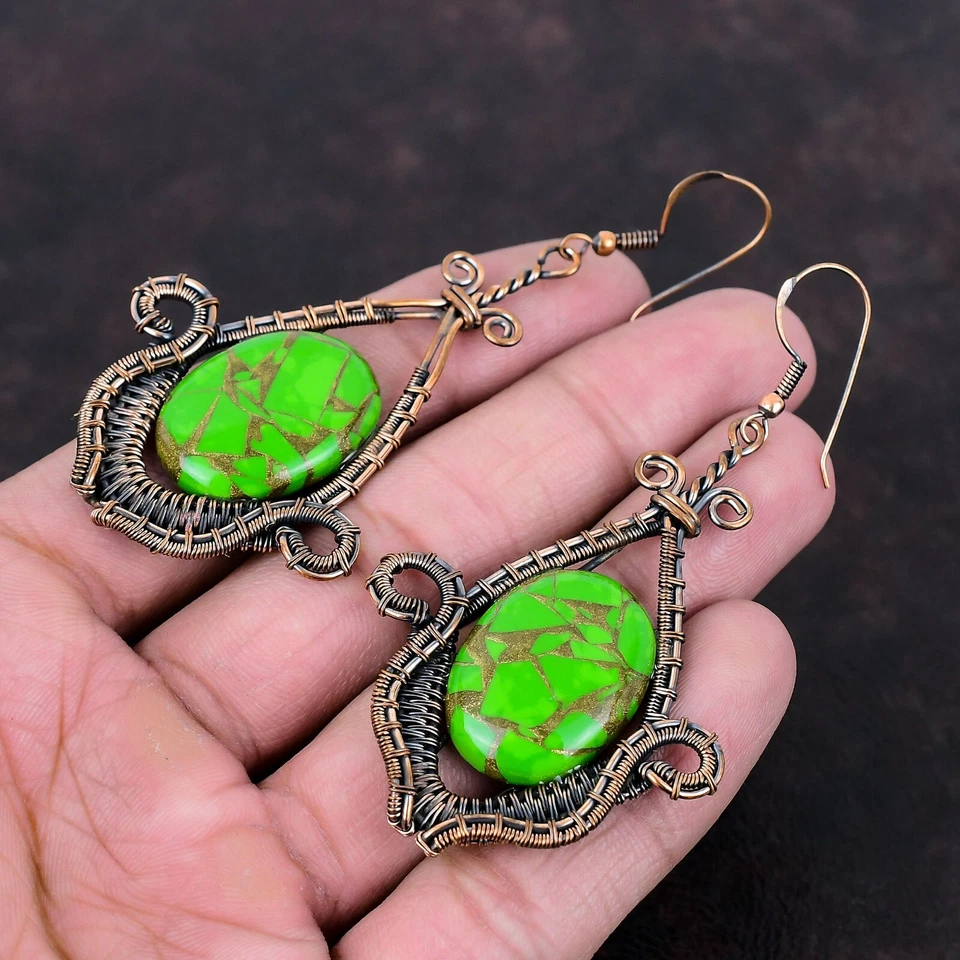 Oval Copper Green Turquoise Gemstone Copper Dangle Drop Wire Wrapped Earrings - Image 3 of 4