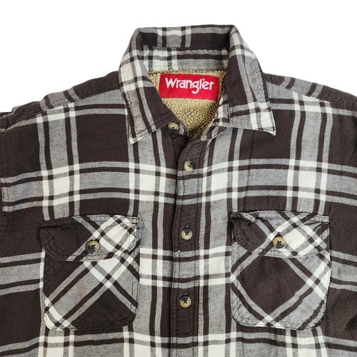 Wrangler Sherpa Lined Flannel Button Up Shirt Men's M Long Sleeve Plaid Brown - Picture 3 of 7