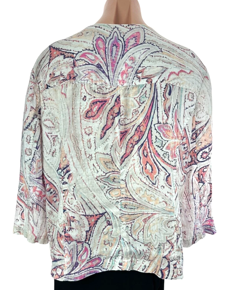 Chico's Linen Jacket White Pink Navy Paisley Blouse Top Zip 3/4 Sleeve Sz 2/L - Image 2 of 4
