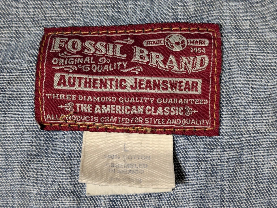 复古 FOSSIL 品牌男式大号牛仔蓝色牛仔卡车司机夹克 — 第 4/4 张图片