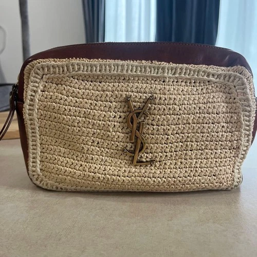 YSL Saint Laurent Crossbody Shoulder Bag Beige Raffia Leather No Strap Women's
