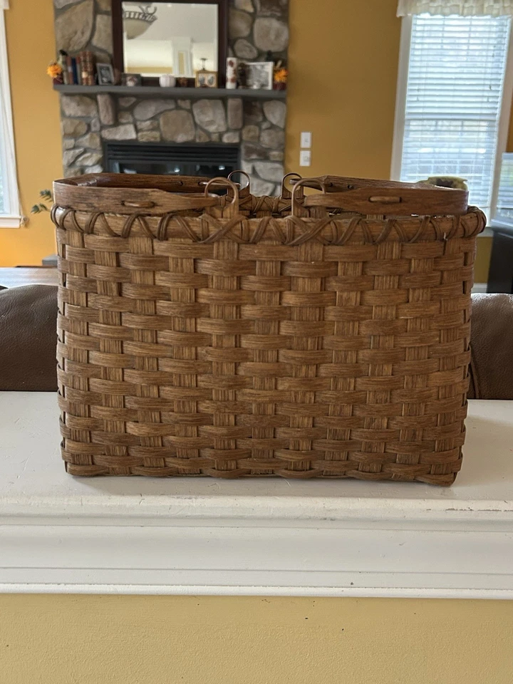 Antigua cesta de recolección de férulas grandes americanas antiguas talladas oscilante asas dobles Foto 2 de 4