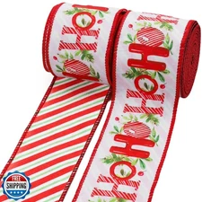 LaRibbons Christmas Wired Ribbon 2.5 inch Double Faced Red HO and Striped Chr