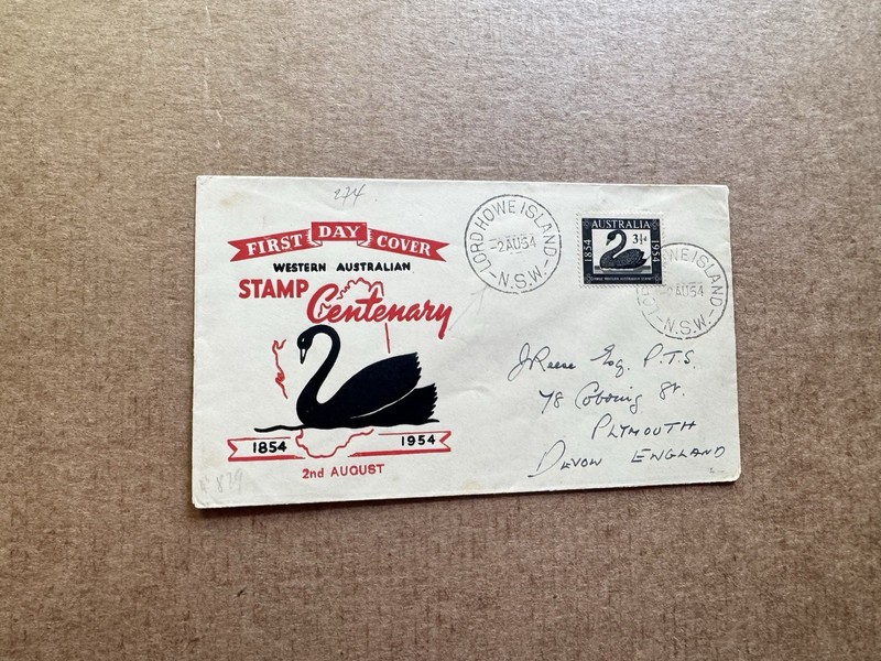 Australia 1954 Stamp Centenary#274 +Black Swan Black & Red Color Cachet +Amusing