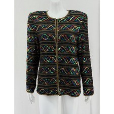 Vintage Laurence Kazar Jacket Women Large Black Beaded Sequin 100 Silk Cocktail
