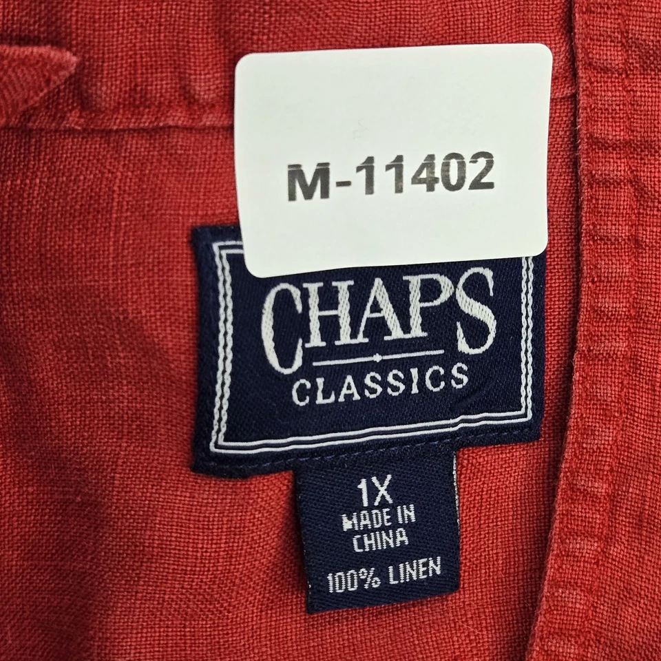 Camisa con botones Chaps para mujer 1X roja 100 % lino manga larga lengüeta enrollable cuello bolsillo Foto 2 de 4