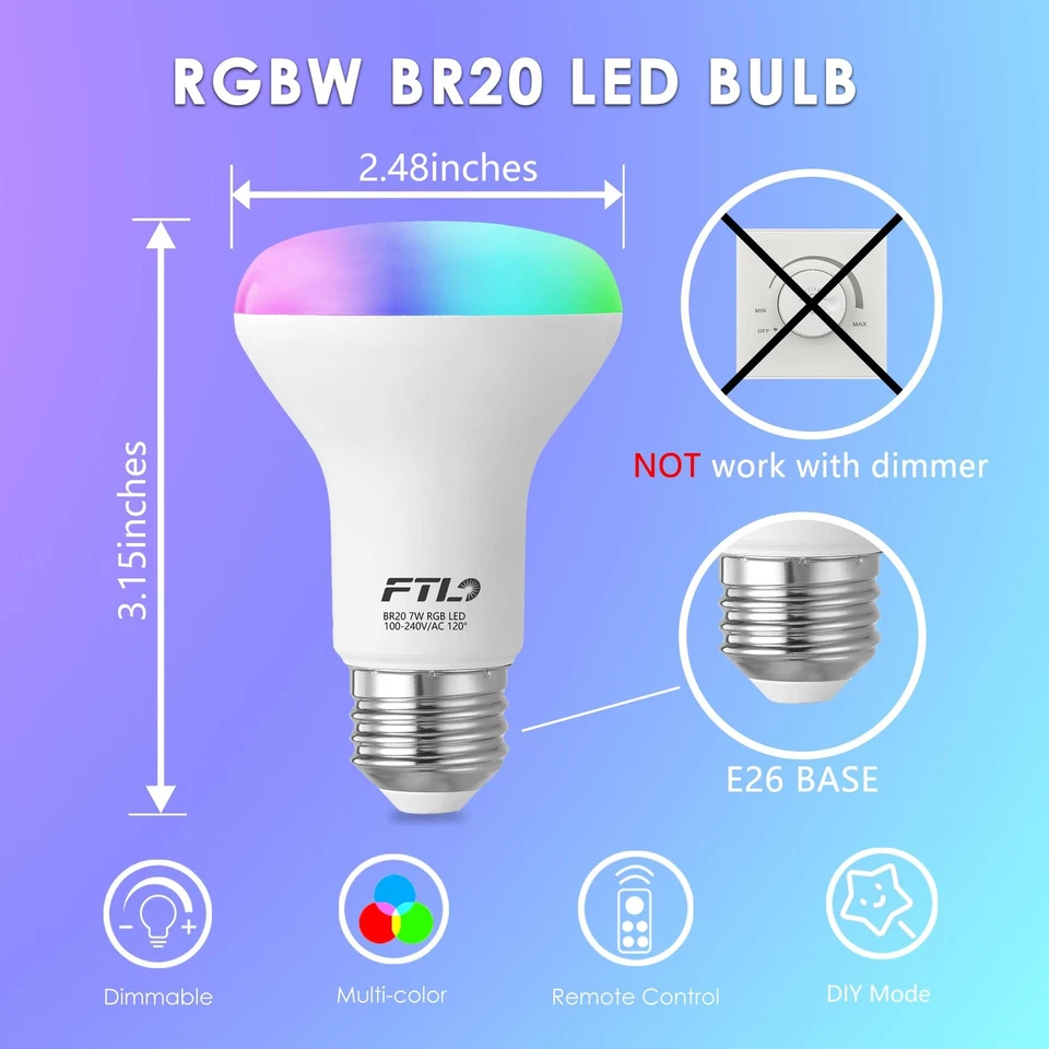 R20 Color Changing Light Bulb with Remote Control, BR20 LED Bulb Dimmable RGB... - Image 2 of 4