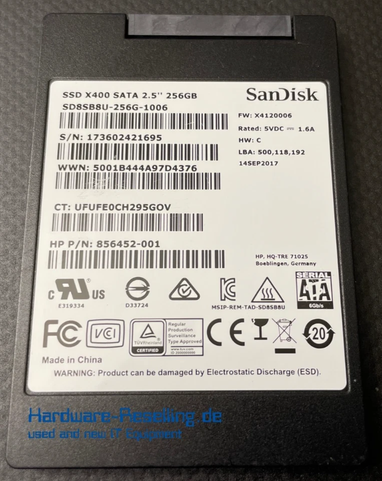 SanDisk HP 256GB X400 SATA III 6G SSD SD8SB8U-256G-1006 856452-001