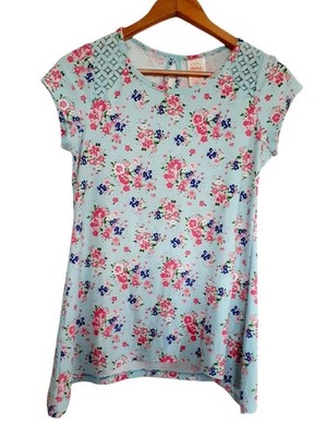 Faded Glory Blouse Floral Size XL Shirt Top Short Sleeve Flowers Pink Blue Tee