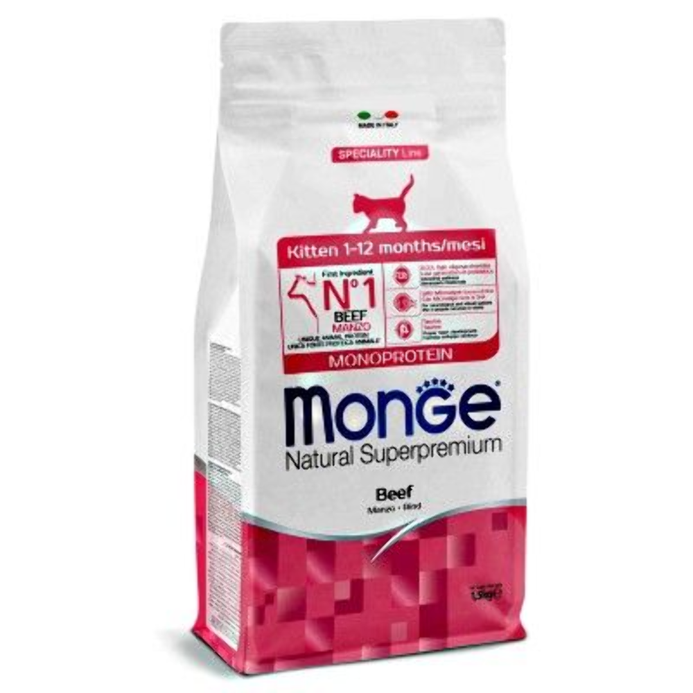 MONGE NATURAL SUPERPREMIUM KITTEN CON MANZO 1,5 KG.