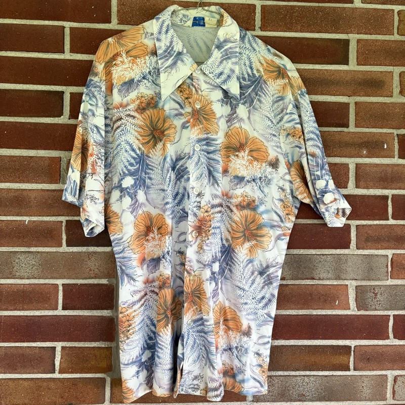Vtg Grants Menswear Tropical Floral Hawaiian Button Up Polyester Sz XL A2445