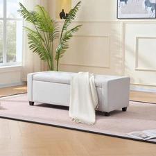 48" Faux Linen Upholstered Storage Bench with Arms Design Ottoman