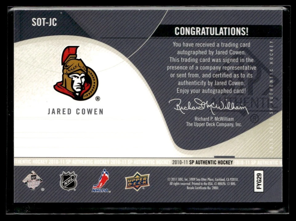2010-11 SP Authentic Sign of the Times Jared Cowen Auto Ottawa Senators #SOT-JC - Image 2 of 2
