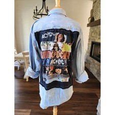 Vtg American Eagle Denim Shirt Dress AC/DC Graphic Patchwork Frayed  Custom Sm