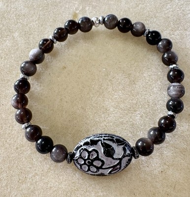Silver Obsidian Bracelet With Flower Focal
