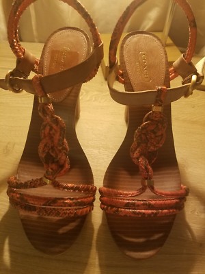 New Coach Simona Salmon Tan Snake Waxy Leather Open Toe Sandal - SIZE 9