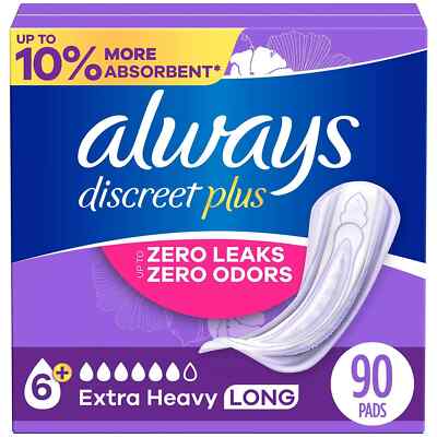 Always Discreet Plus Incontinence Pads for Women, Extra Heavy Long, 90 Count - M
