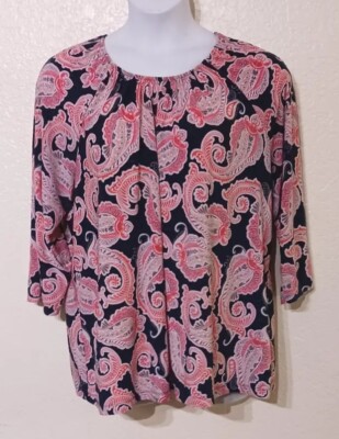 CROFT & BARROW*Black w Pink White Paisley top*Size 2X*Lgtwgt Texture*Elastic Nek