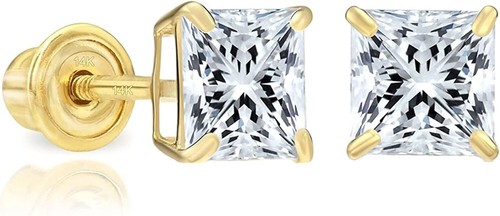 1 /4Ct Princess Cut Created Diamond 14K Yellow Gold Stud Earrings Screw Back - 第 1/4 張圖片