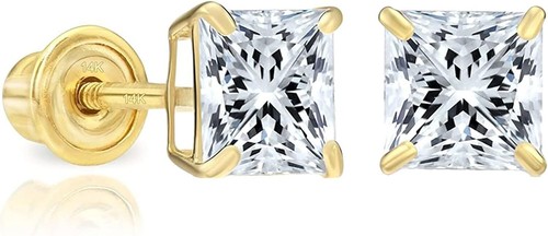 1 /4Ct Princess Cut Created Diamond 14K Yellow Gold Stud Earrings Screw Back - Afbeelding 1 van 4