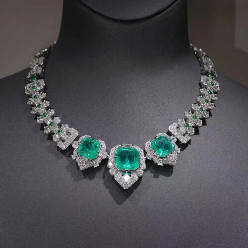 EMERALD GEMSTONE HAND CRAFT LADIES NECKLACE EARRING SET 18K WHITE GOLD 16 INCH - Picture 1 of 14