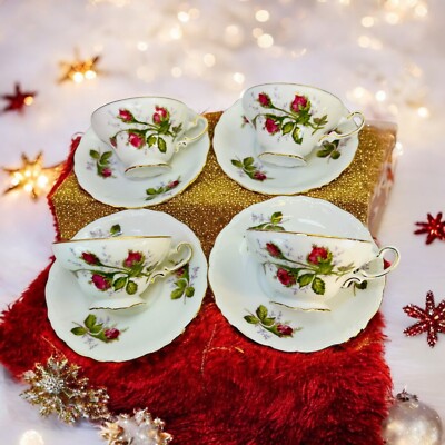 Old Royal Crown Luster Ware Roses Cup and Saucer Set of 4 Japan Marked Vintage